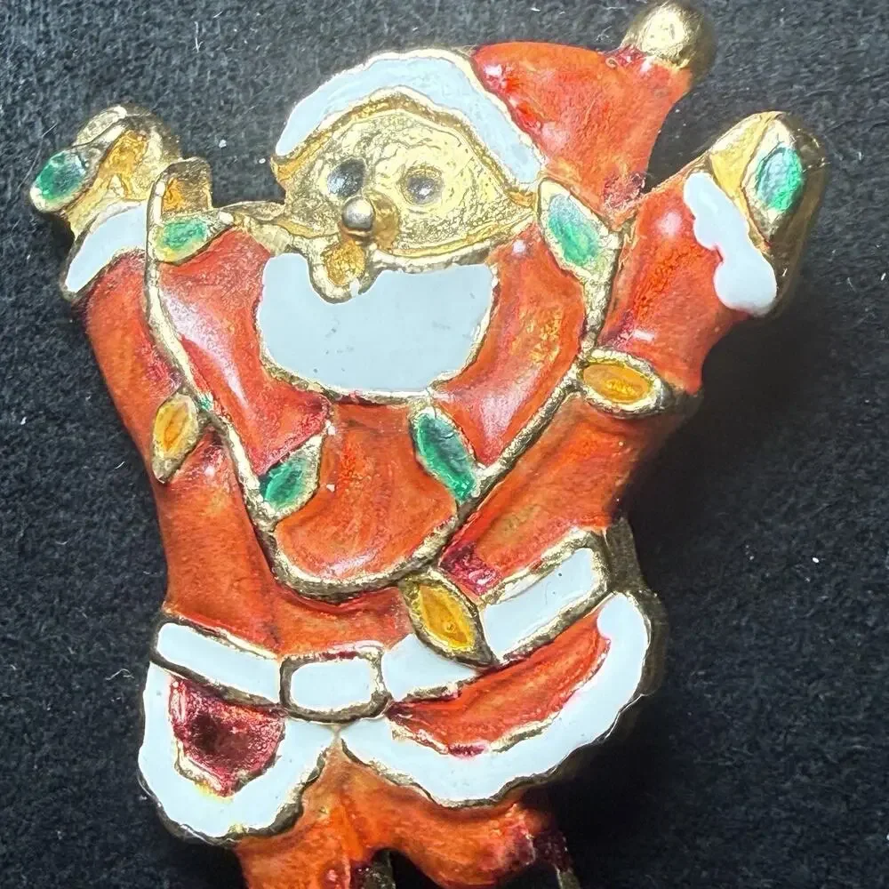 Vintage Happy Santa Claus Enamel Christmas Brooch Pin Red White Gold Green Black